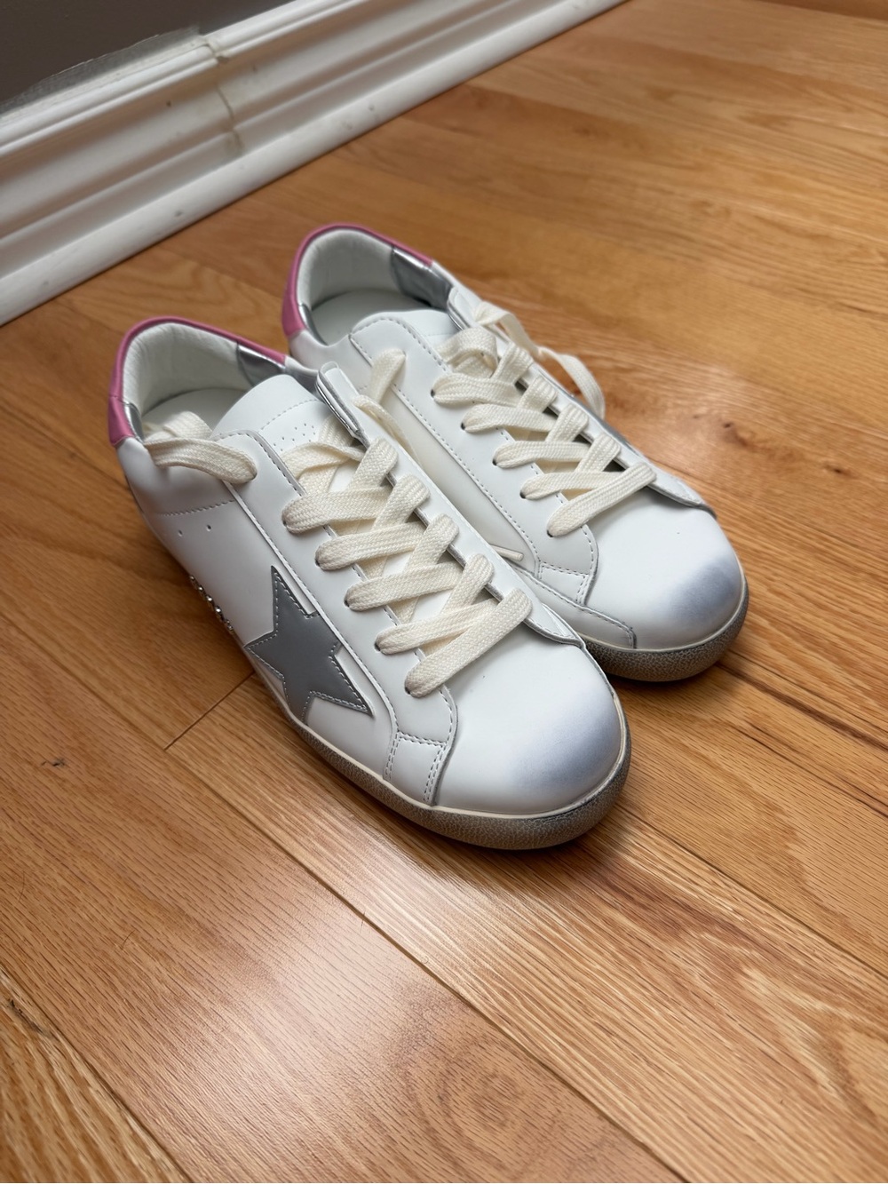 White Sneakers with Gray Star and Pink Heel - Women's Casual Lace-Up